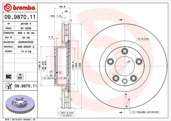 Brembo 1x Bremsscheibe [Hersteller-Nr. 09.9870.11] für VW, Porsche