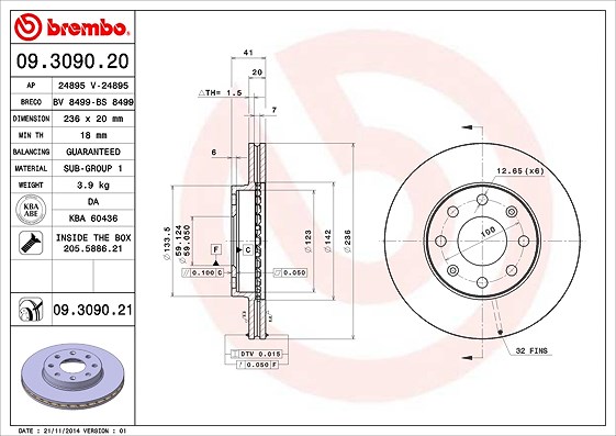 Brembo Bremsscheibe Vorderachse Belüftet [Hersteller-Nr. 09.3090.21] für Daewoo, Chevrolet