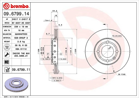 Brembo Bremsscheibe Vorderachse Belüftet [Hersteller-Nr. 09.6799.11] für Seat, VW