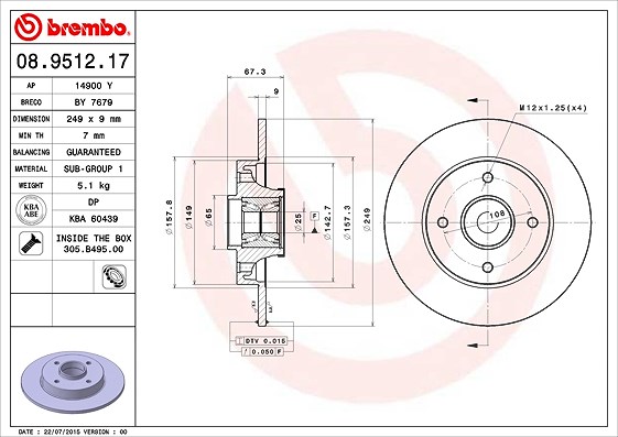 Brembo 1x Bremsscheibe Hinterachse Voll+Radlager+ABS [Hersteller-Nr. 08.9512.17] für Citroën, Peugeot
