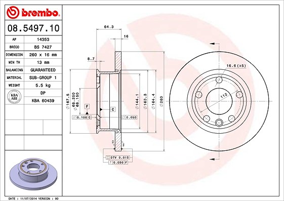 Brembo Bremsscheibe [Hersteller-Nr. 08.5497.10] für VW
