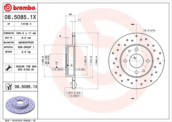 Brembo Bremsscheibe [Hersteller-Nr. 08.5085.1X] für Lancia, Abarth, Yugo, Ford, Fiat, Alfa Romeo