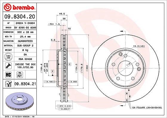 Brembo Bremsscheibe Vorderachse Belüftet [Hersteller-Nr. 09.8304.21] für Mercedes-Benz