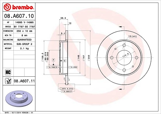Brembo Bremsscheibe [Hersteller-Nr. 08.A607.11] für Smart, Mitsubishi