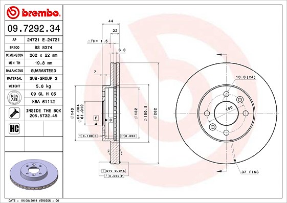 Brembo Bremsscheibe [Hersteller-Nr. 09.7292.34] für Renault