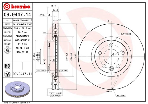 Brembo 1x Bremsscheibe Vorderachse Belüftet [Hersteller-Nr. 09.9447.11] für VW