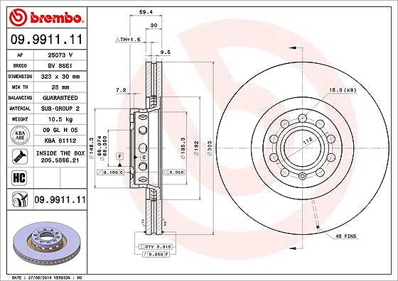 Brembo 1x Bremsscheibe Vorderachse Belüftet [Hersteller-Nr. 09.9911.11] für Audi, VW