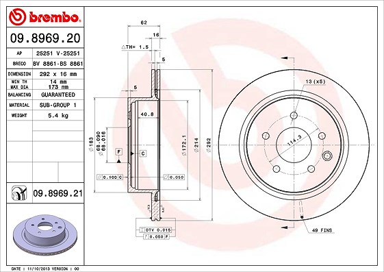 Brembo Bremsscheibe Hinterachse Belüftet [Hersteller-Nr. 09.8969.21] für Nissan, Renault, Infiniti