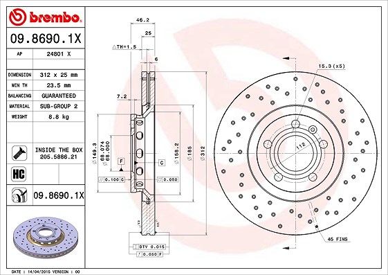 Brembo 1x Bremsscheibe [Hersteller-Nr. 09.8690.1X] für Seat, VW, Skoda, Audi