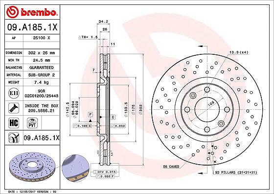 Brembo Bremsscheibe [Hersteller-Nr. 09.A185.1X] für Ds (capsa), Peugeot, Opel, Vauxhall, Ds, Citroën