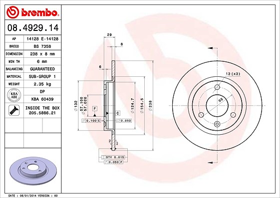 Brembo Bremsscheibe Vorderachse Voll [Hersteller-Nr. 08.4929.14] für Mega, Peugeot, Citroën