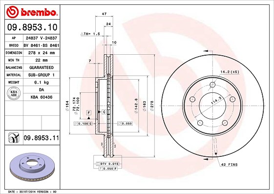 Brembo Bremsscheibe [Hersteller-Nr. 09.8953.11] für Ford Usa, Mazda, Ford