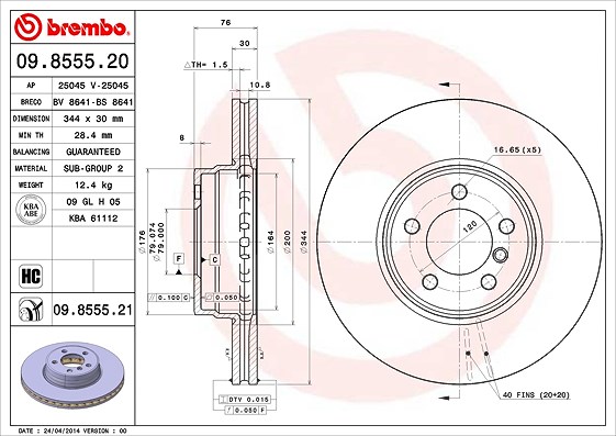 Brembo 1x Bremsscheibe [Hersteller-Nr. 09.8555.21] für Land Rover