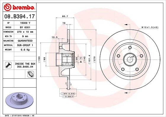 Brembo 1x Bremsscheibe [Hersteller-Nr. 08.B394.17] für Renault