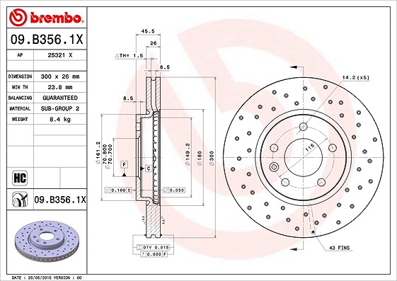Brembo 1x Bremsscheibe Vorderachse Belüftet [Hersteller-Nr. 09.B356.1X] für Vauxhall, Opel, Chevrolet
