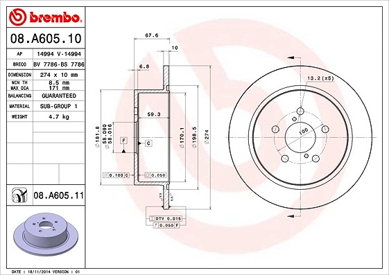 Brembo Bremsscheibe [Hersteller-Nr. 08.A605.11] für Subaru