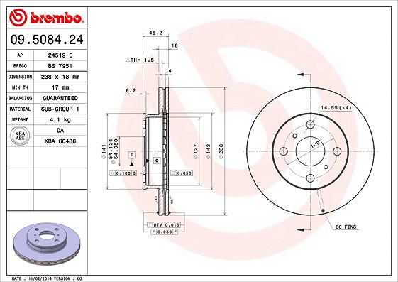 Brembo Bremsscheibe Vorderachse Belüftet [Hersteller-Nr. 09.5084.24] für Toyota