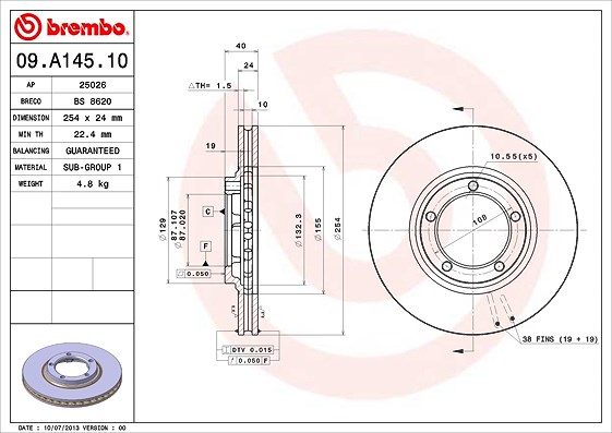Brembo Bremsscheibe Vorderachse Belüftet [Hersteller-Nr. 09.A145.10] für Hyundai