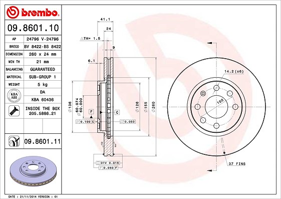 Brembo Bremsscheibe [Hersteller-Nr. 09.8601.11] für Opel, Vauxhall