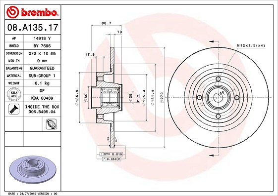 Brembo 1x Bremsscheibe hinten +Radlager+ABS-Ring [Hersteller-Nr. 08.A135.17] für Renault