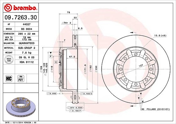 Brembo 1x Bremsscheibe [Hersteller-Nr. 09.7263.30] für Nissan
