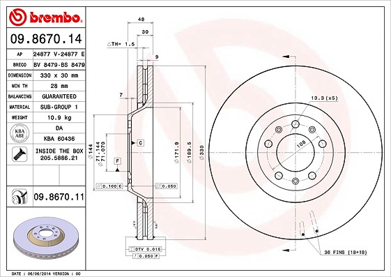 Brembo 1x Bremsscheibe [Hersteller-Nr. 09.8670.11] für Citroën, Peugeot