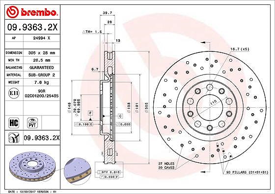 Brembo Bremsscheibe [Hersteller-Nr. 09.9363.2X] für Jeep, Chrysler, Alfa Romeo