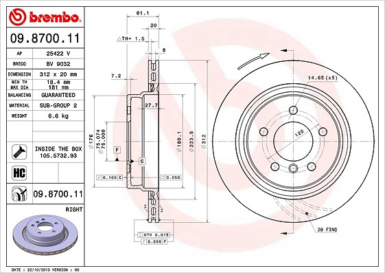 Brembo 1x Bremsscheibe [Hersteller-Nr. 09.8700.11] für BMW, Wiesmann