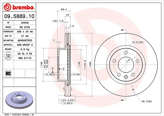 Brembo Bremsscheibe [Hersteller-Nr. 09.5889.10] für Vauxhall, Opel