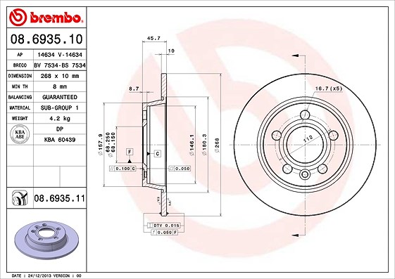 Brembo Bremsscheibe Hinterachse Voll [Hersteller-Nr. 08.6935.11] für Seat, Ford, VW