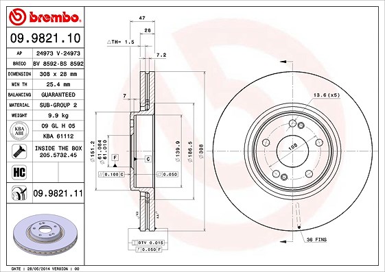 Brembo 1x Bremsscheibe [Hersteller-Nr. 09.9821.11] für Renault