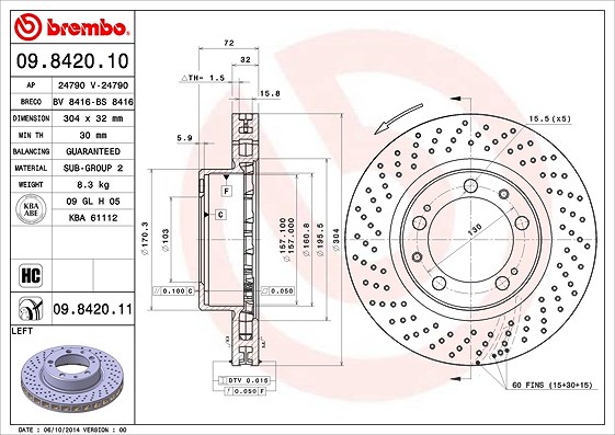 Brembo 1x Bremsscheibe belüftet vorne links [Hersteller-Nr. 09.8420.11] für Porsche