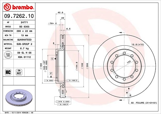 Brembo 1x Bremsscheibe [Hersteller-Nr. 09.7262.10] für Renault Trucks, Renault