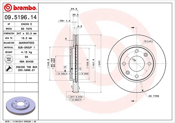 Brembo Bremsscheibe [Hersteller-Nr. 09.5196.11] für Lifan, Mega, Citroën, Peugeot