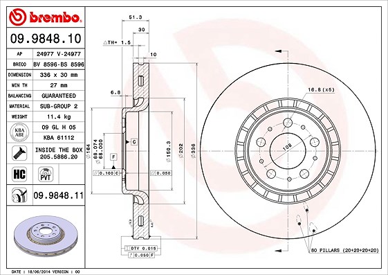 Brembo 1x Bremsscheibe [Hersteller-Nr. 09.9848.11] für Volvo
