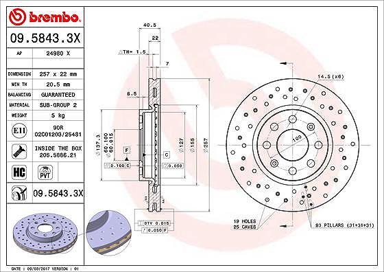 Brembo Bremsscheibe Vorderachse Belüftet [Hersteller-Nr. 09.5843.3X] für Fiat, Vauxhall, Opel