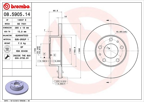 Brembo Bremsscheibe [Hersteller-Nr. 08.5905.14] für Peugeot, Citroën, Fiat