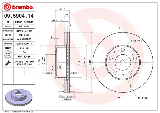 Brembo Bremsscheibe [Hersteller-Nr. 09.5904.14] für Fiat, Citroën, Peugeot