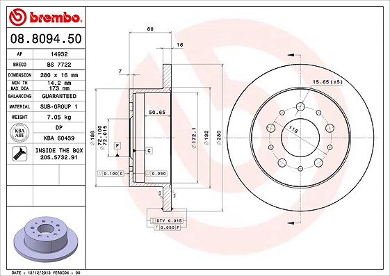 Brembo Bremsscheibe [Hersteller-Nr. 08.8094.50] für Fiat, Citroën, Peugeot