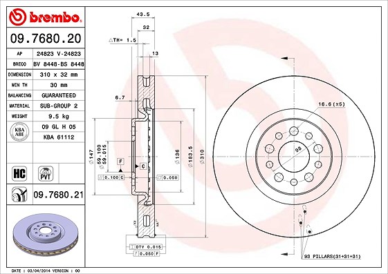 Brembo 1x Bremsscheibe [Hersteller-Nr. 09.7680.21] für Lancia, Peugeot, Fiat, Citroën