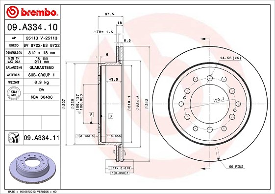 Brembo Bremsscheibe Hinterachse Belüftet [Hersteller-Nr. 09.A334.11] für Lexus, Toyota