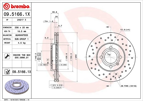 Brembo Bremsscheibe [Hersteller-Nr. 09.5166.1X] für Seat, VW