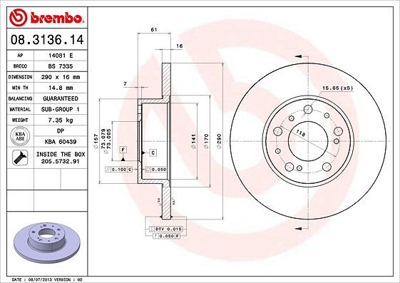 Brembo Bremsscheibe Vorderachse Voll [Hersteller-Nr. 08.3136.14] für Auverland, Talbot, Fiat, Citroën, Peugeot