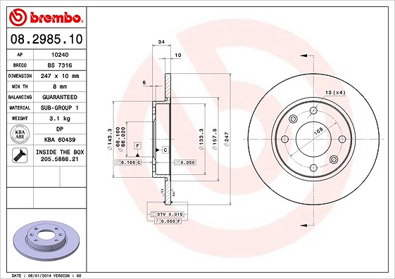 Brembo Bremsscheibe Vorder/Hinterachse Voll [Hersteller-Nr. 08.2985.10] für Citroën, Dallas, Peugeot