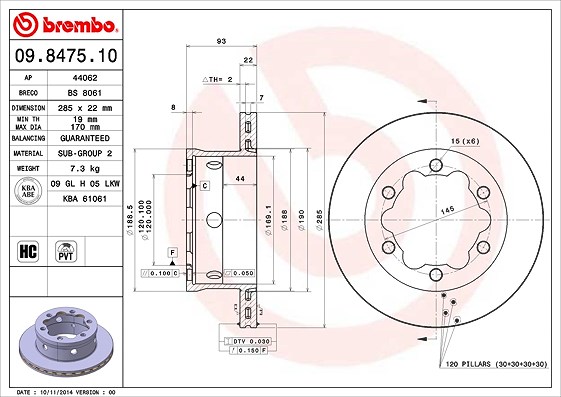 Brembo Bremsscheibe Hinterachse Belüftet [Hersteller-Nr. 09.8475.10] für Mercedes-Benz, VW