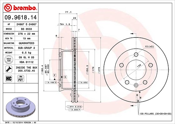 Brembo Bremsscheibe Vorderachse Belüftet [Hersteller-Nr. 09.9618.14] für Mercedes-Benz