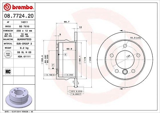 Brembo 1x Bremsscheibe [Hersteller-Nr. 08.7724.20] für Mercedes-Benz, VW