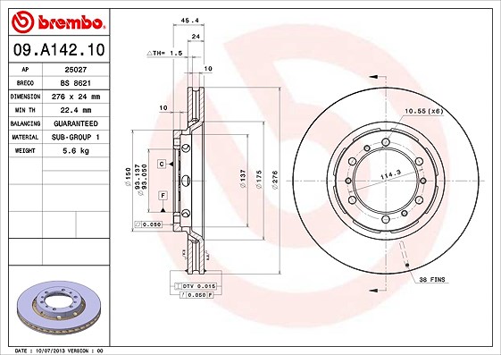 Brembo Bremsscheibe Vorderachse Belüftet [Hersteller-Nr. 09.A142.10] für Mitsubishi