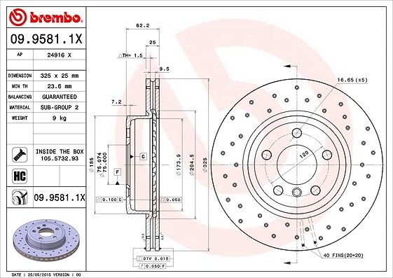 Brembo 1x Bremsscheibe Vorderachse Belüftet [Hersteller-Nr. 09.9581.1X] für BMW