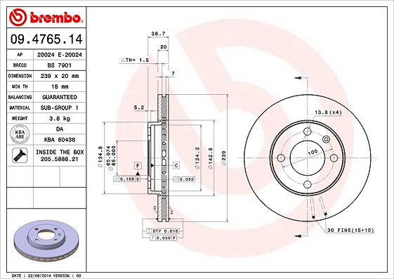Brembo Bremsscheibe Vorderachse Belüftet [Hersteller-Nr. 09.4765.14] für VW, Seat, Audi